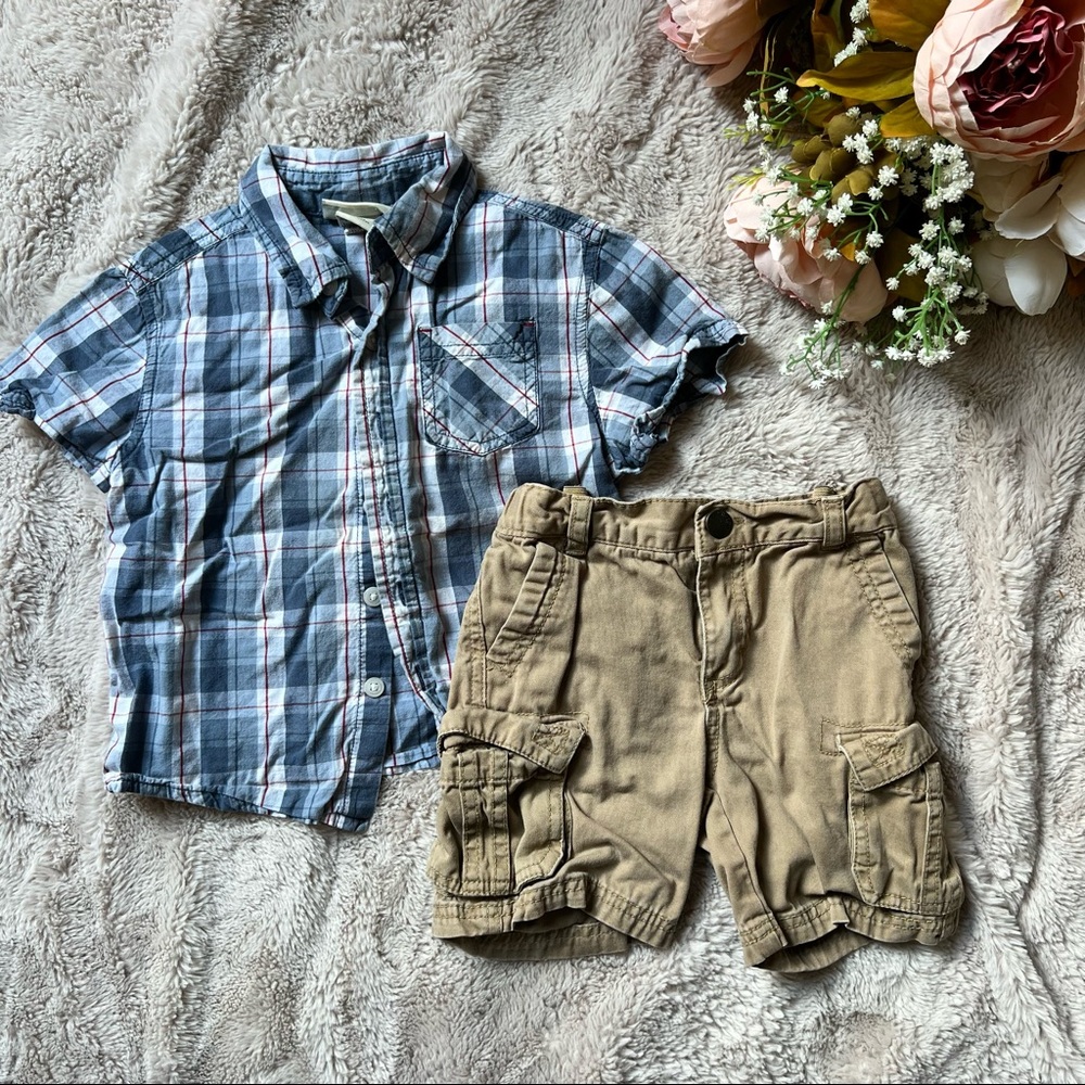 Cherokee | Boys Toddler 2T Outfit Set Cargo Shorts Plaid Shirt
